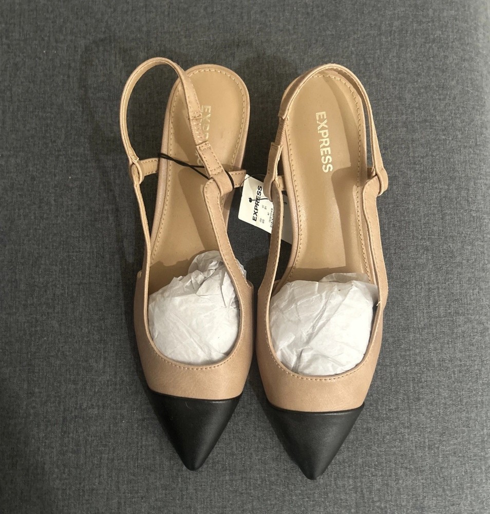 Express Black/Tan pointed toe sling back block heel - size 8
