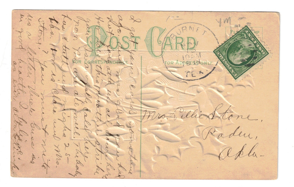 A Joyful CHRISTMAS 1 Cent Stamp Holly Embossed ANTIQUE Postcard Posted Flowers
