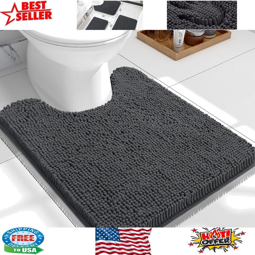 Soft Non-Slip Dark Grey U-Shaped Chenille Bath Mat - Easy to Clean
