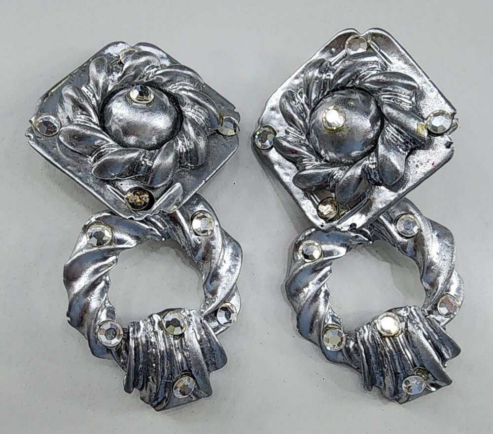 Vintage Jeff Lieb Brutalist Silver Tone Clip-On Dangle Earrings