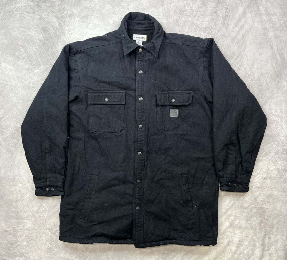 Carhartt Shirt Jacket Mens Large Black Canvas Quilted Snap Front Workwear Lined
