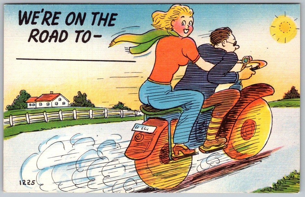Vtg Linen Postcard Motorcycle Couple Comic Asheville, NC 1950s