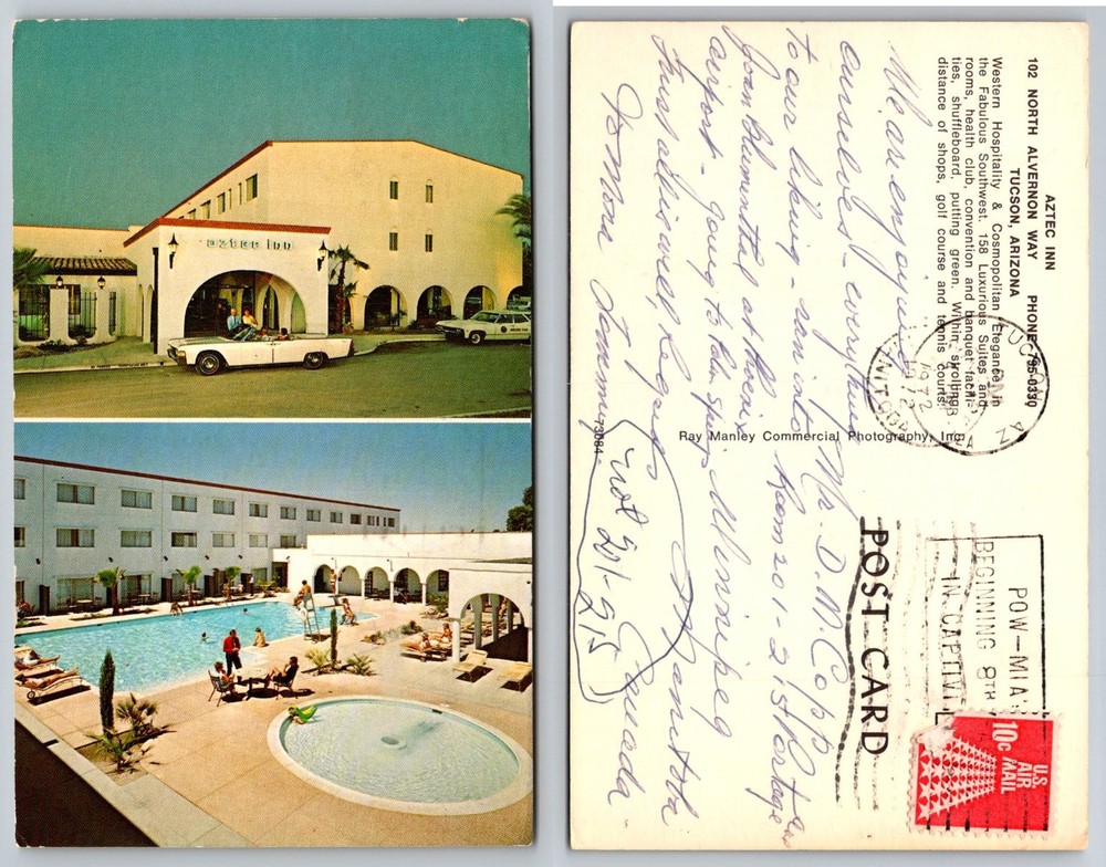 Aztec Inn Tucson AZ Postcard 1972 Swimming Pool & Hotel Vintage Air Mail