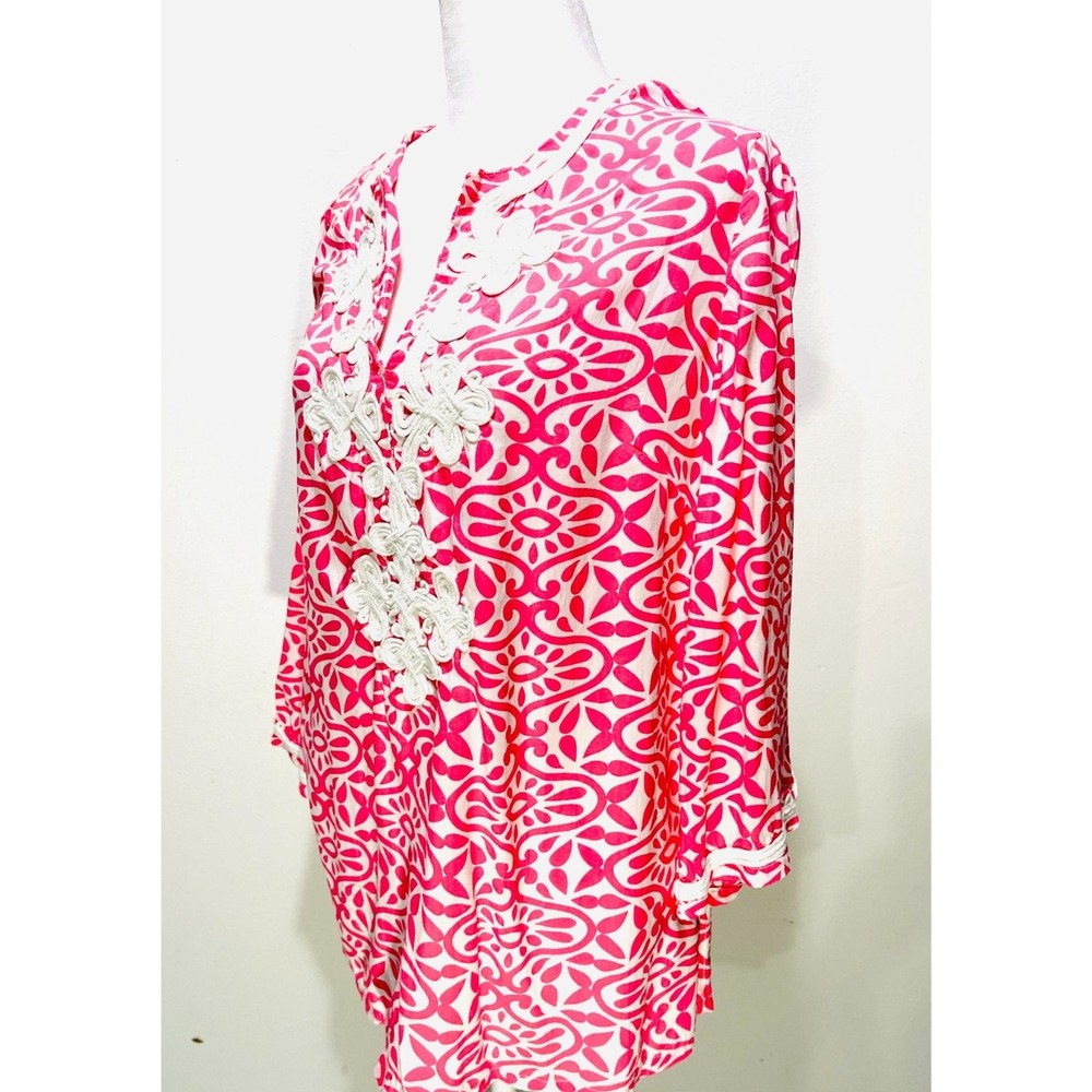 Charter Club blouse summer beach resort light wear colorful embroidered womens M