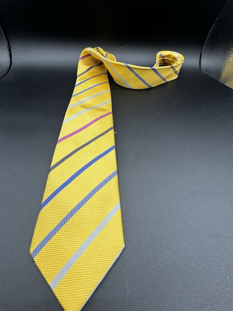 Haines & Bonner London Silk Tie Yellow Blue Stripe Handmade Mens Necktie