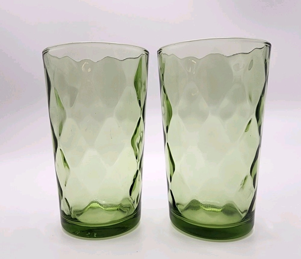 Vintage Set of 2 Hazel Atlas Juice Glasses Diamond Optic Avocado Green 4 In.