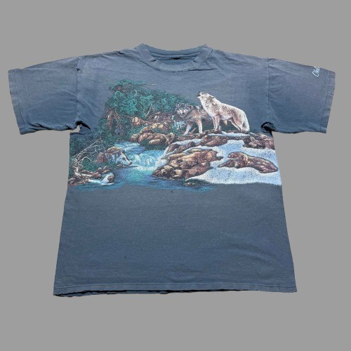 Vintage 90s Thrashed Wolf Oklahoma River Nature Wildlife Double Sided T-Shirt XL