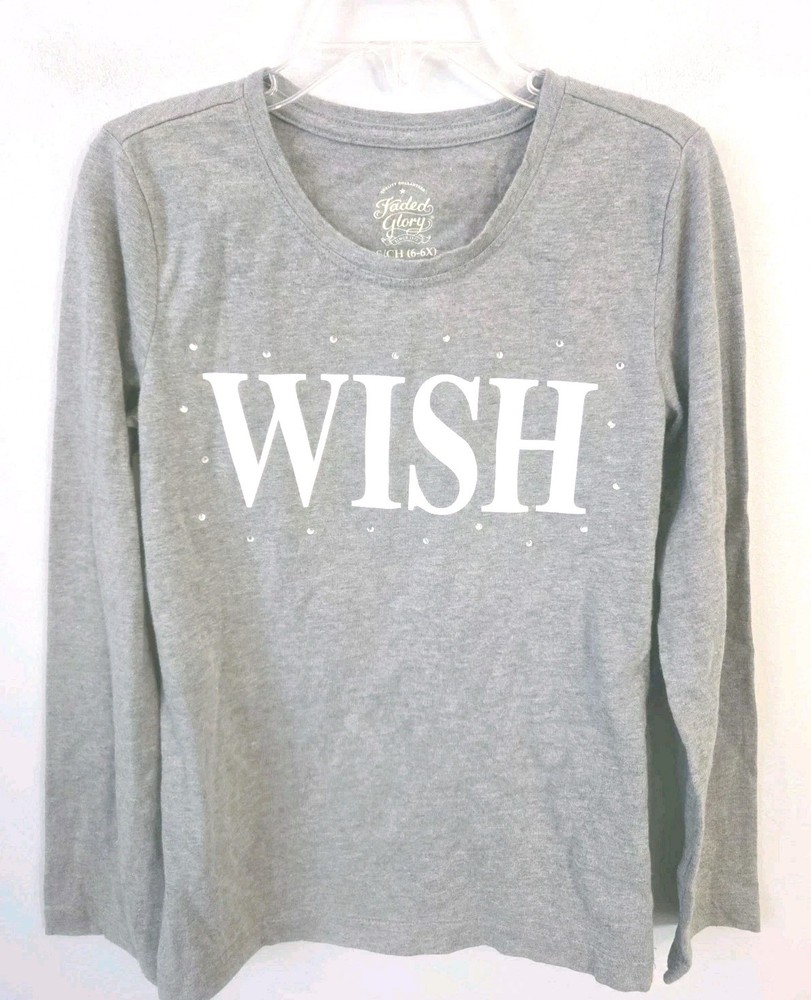 Faded Glory Girls Wish Long Sleeve Shirt Size Small 6-6X Gray Graphic Tee...