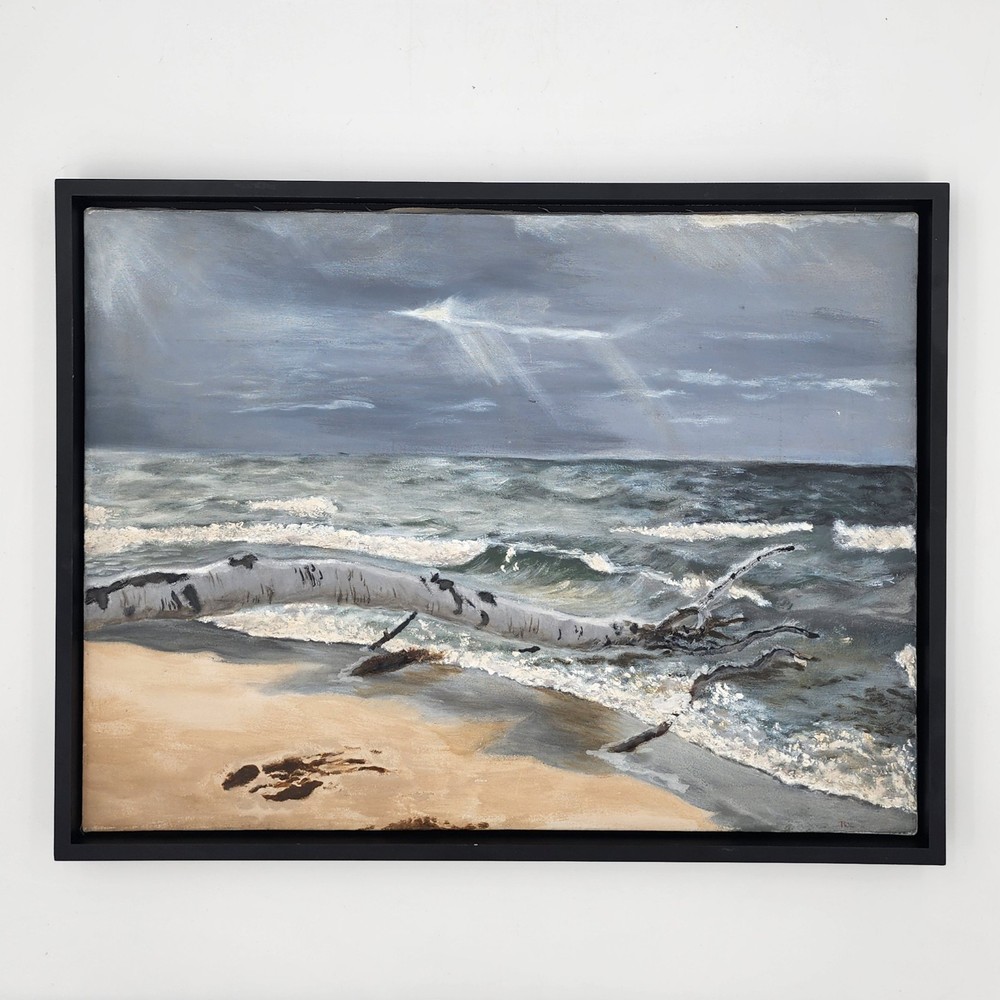 Original Oil Painting Seascape Storm Beach Driftwood Coastal Art Framed 19x25