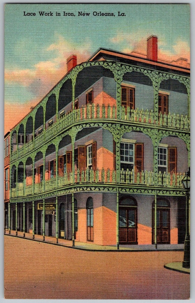 Vtg Linen Postcard Lacework Iron Balcony New Orleans, LA 1930s