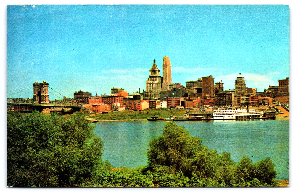 Cincinnati Ohio Bridge City Skyline Buildings Ohio River Vintage Photo Postcard