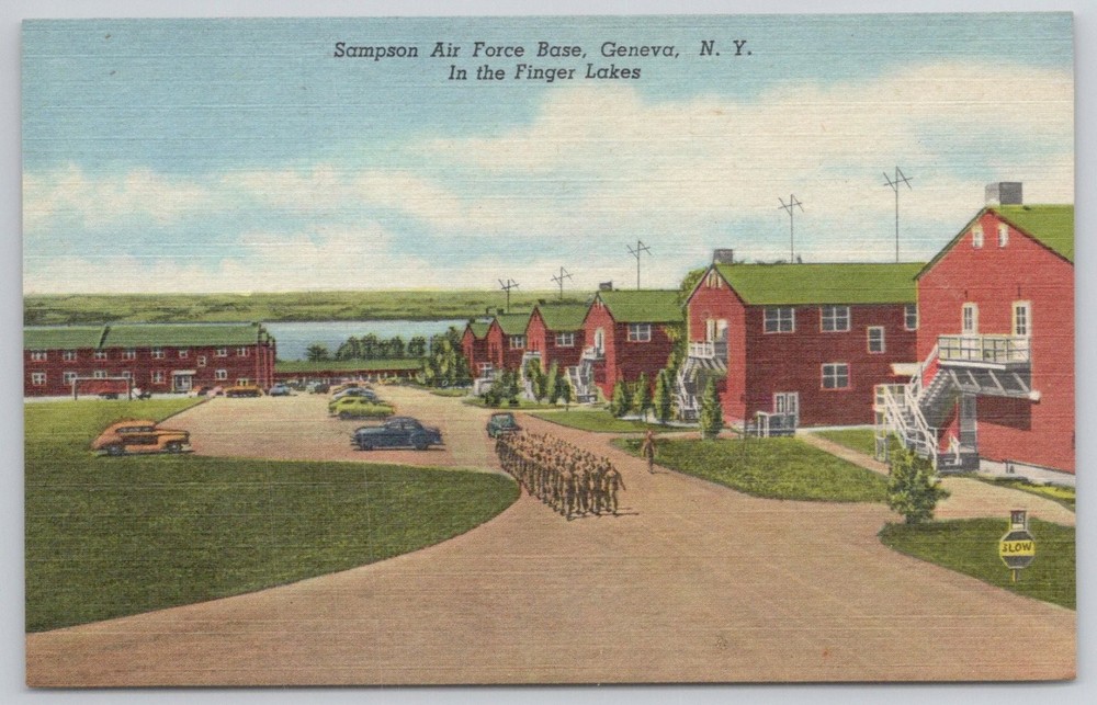 Sampson Air Force Base NY Airmen Marching Barracks Finger Lakes 1953 Postcard