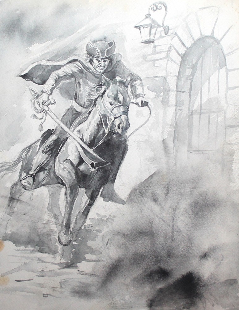 Vintage watercolor drawing man portrait warrior riding horse