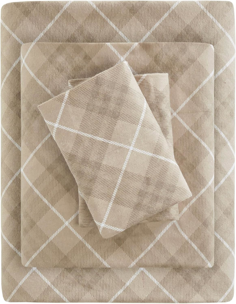 Cozy Twin XL Flannel Sheet Set with Cute Animal Star Print in Tan Plaid 3PC
