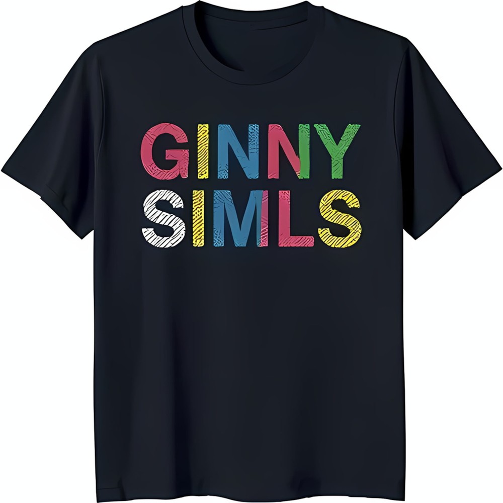 Playful Black T-Shirt with Colorful 'GINNY SIMLS' Graphic Fun & Whimsical Design