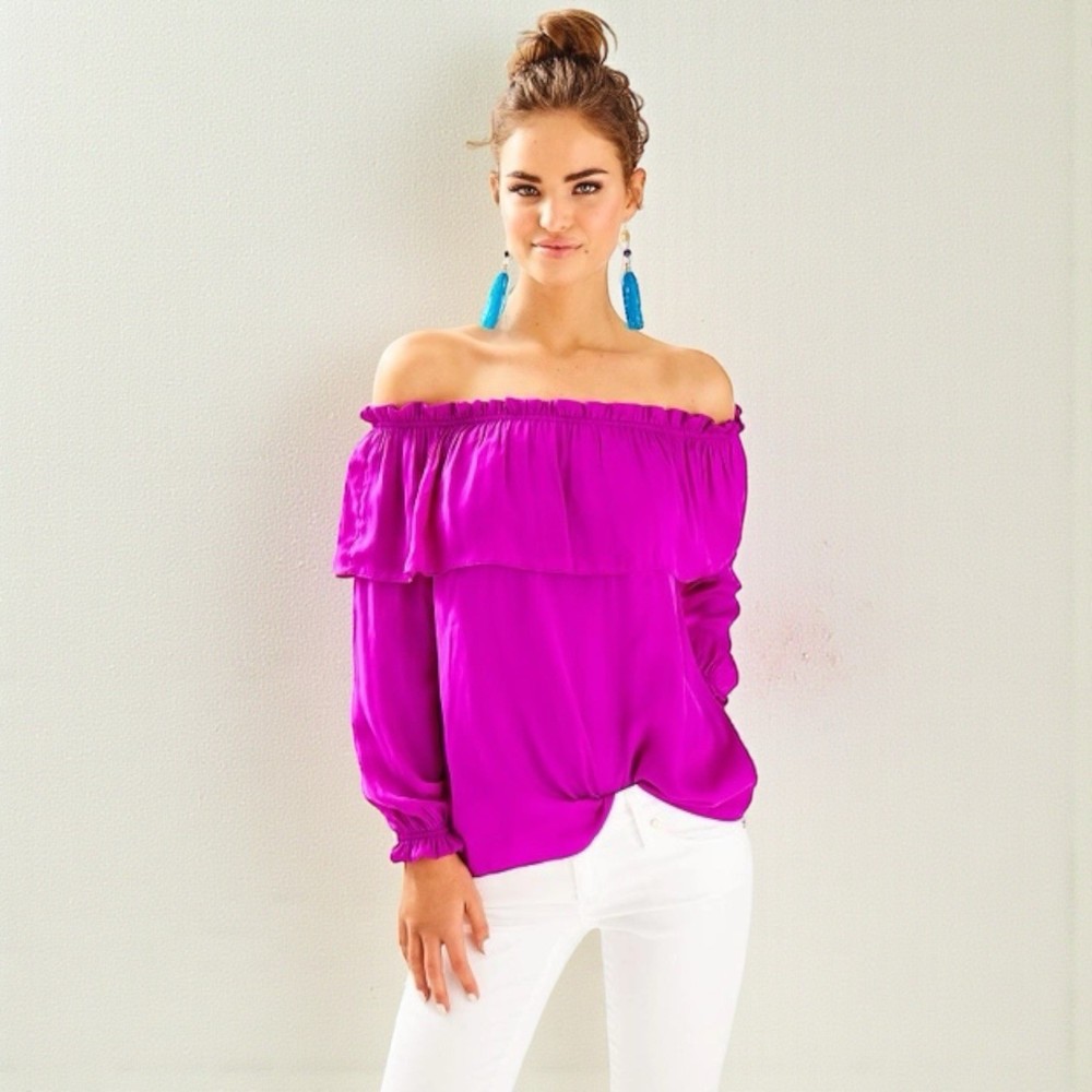 LILLY PULITZER Dee Off The Shoulder Top In Paradise Purple Size Large EUC