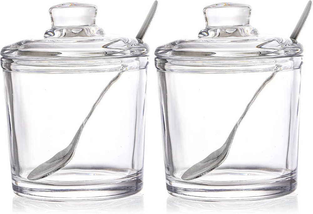 Set of 2 Glass Sugar Bowl, 6 Ounces Clear Sugar Jar with Spoon and Lid, Salt Spi