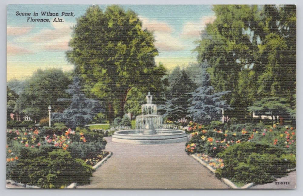 Wilson Park Fountain Florence AL Alabama Linen Postcard Curteich Vintage