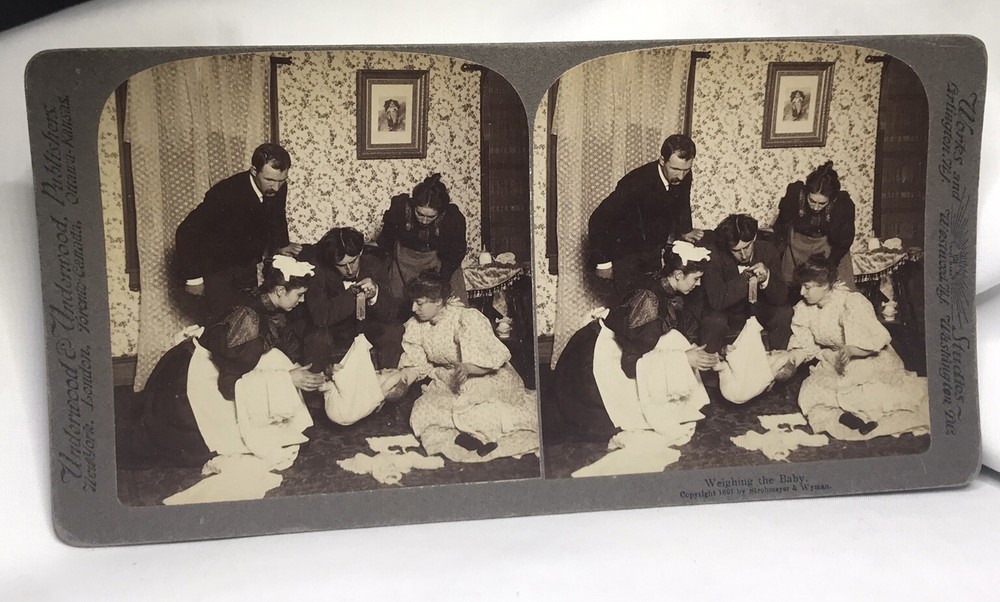 Antique 1897 Underwood & Underwood Stereoview Card ~ “Weighing The Baby”