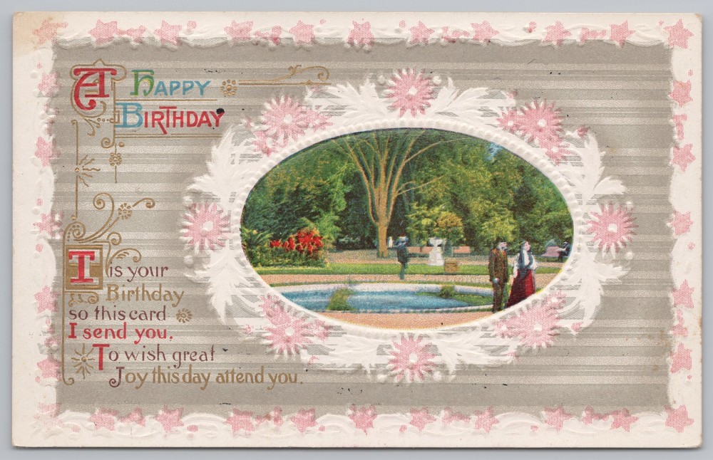 Greetings~Birthday~Park Scene In Oval~Pink White Emboss~Gold~Julius Bien~Vtg PC