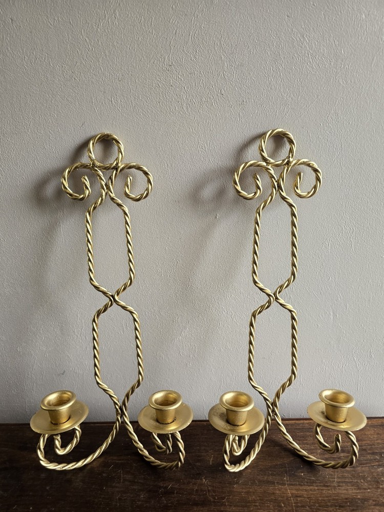 2pc  VTG Homco Gold Metal Twisted Rope 2 Arm Wall Candle Sconces Holders