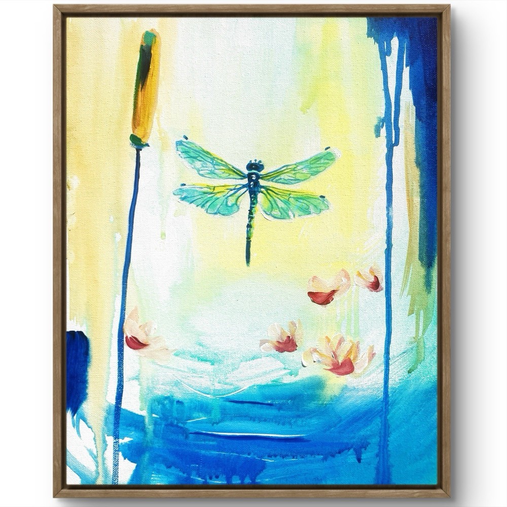 TITA PAINTZ Dragonfly Lotus Flower Minimalist Hand Painted 11x14 Canvas Wall Art