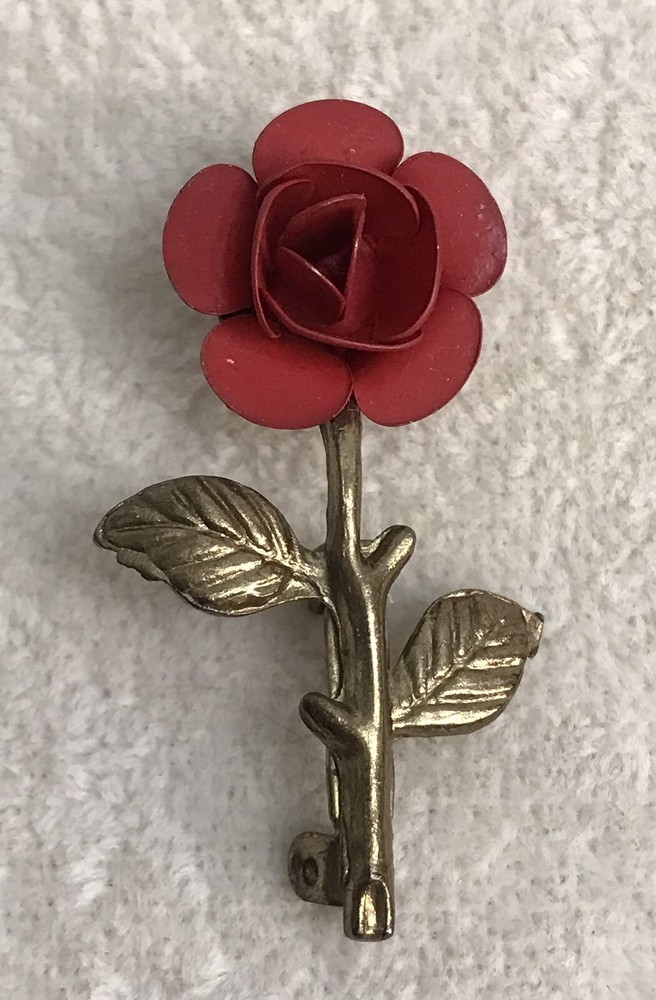 Vintage Red Rose Pin Brooch with Gold Tone Stem Metal Floral 1.5”