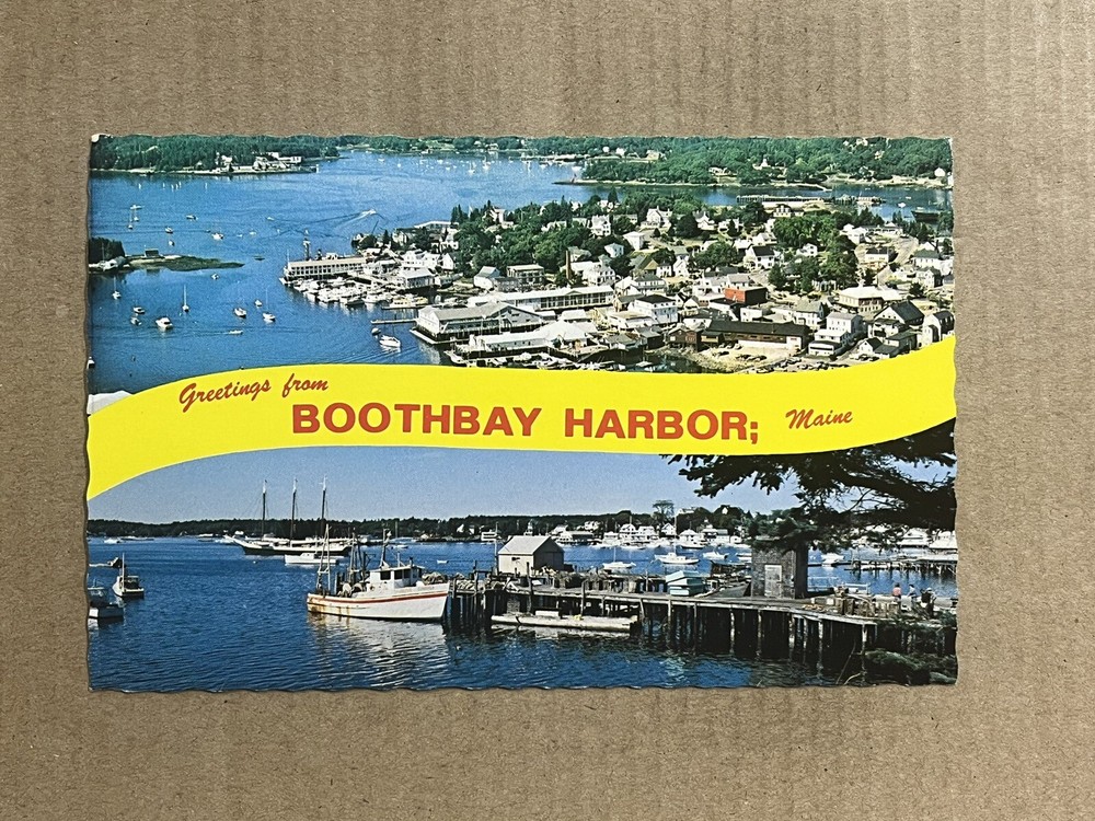 Postcard Boothbay Harbor Maine Greetings Aerial View Boats Vintage ME PC