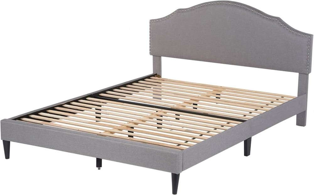 Upholstered Platform Bed Frame with Fabric Headboard and Wooden Slats Support