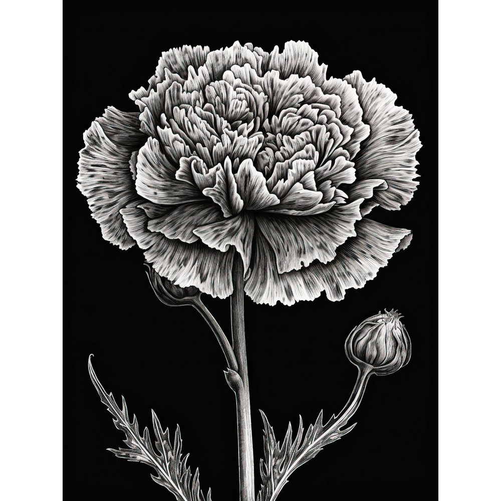 Black and White Linocut Carnation Flower Print Huge Wall Art Poster Print Giant