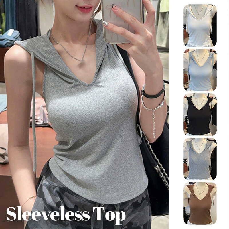 Design Sense Hooded Backless Sleeveless Vest Summer Slim Fit Short Top Outerwear