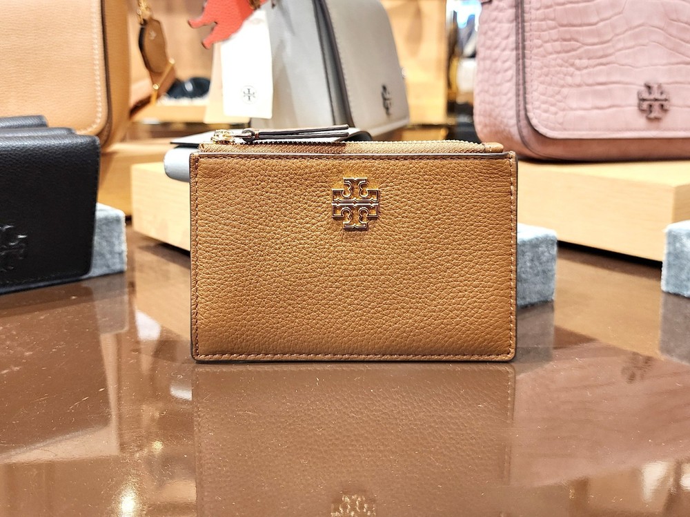New Tory Burch Britten Moose Brown Pebbled Leather Zip Card Case 141006