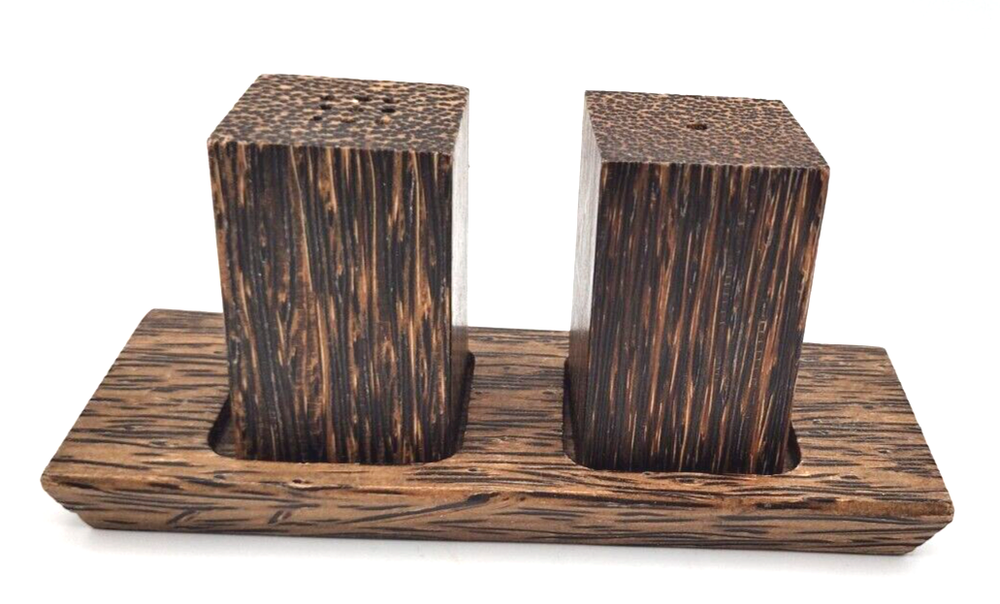 Vintage Palm Wood Salt & Pepper Shakers w/ Holder, Cube, Modern Art Deco, Wooden