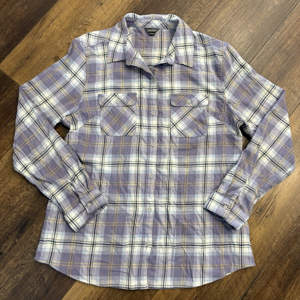 Eddie Bauer Women’s Light Purple Plaid Button Up Flannel Shirt Size L