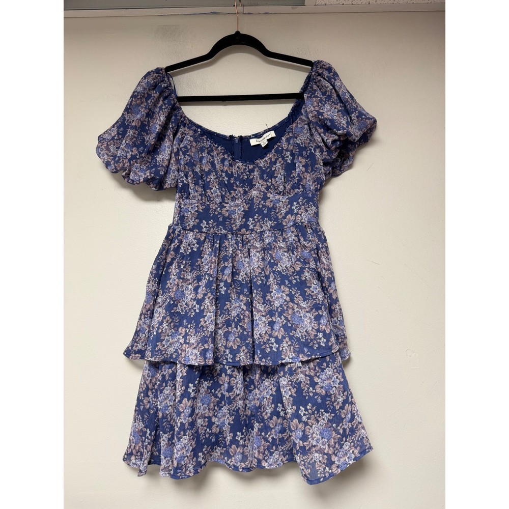 Francescas Floral Puff Sleeve Tiered Mini Dress Blue Purple Size S