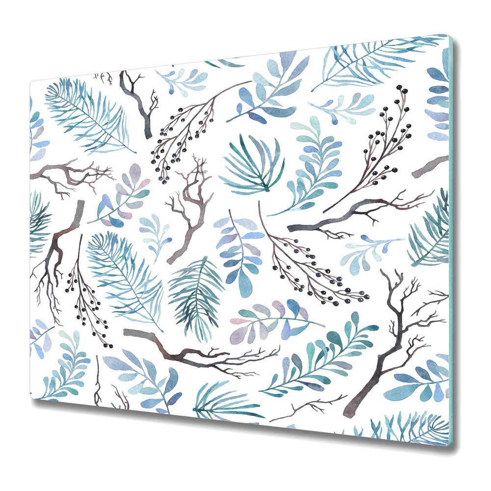 Glass Worktop Kitchen Chopping Board Watercolour winter branches white and blue