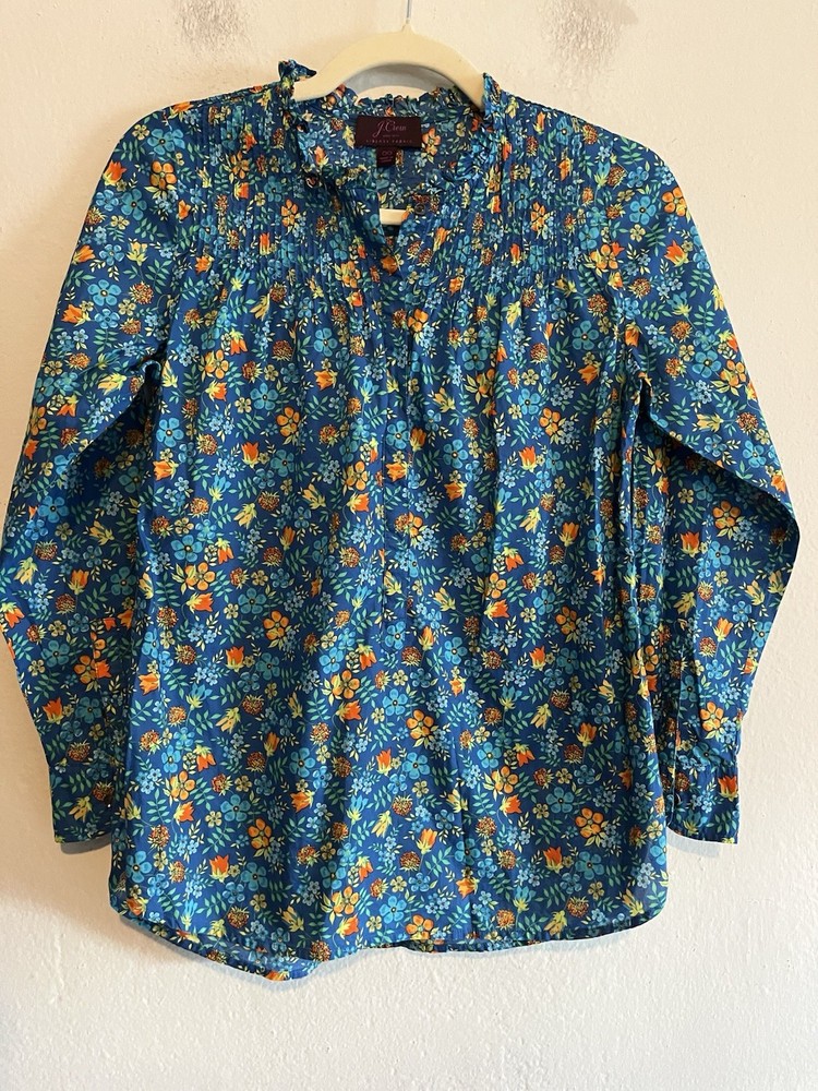 J Crew Made With Liberty Fabric Floral Pintuck Popover Blouse Size 00 Preppy