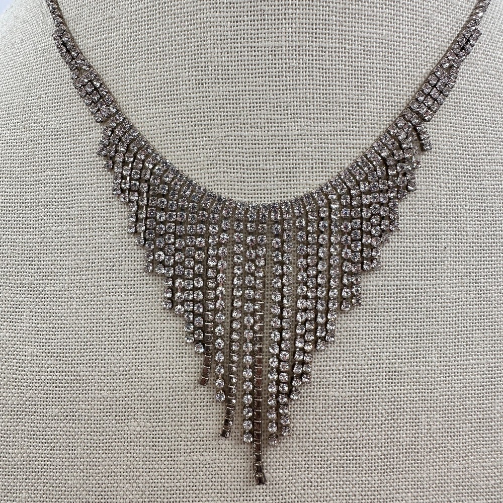 Vintage Y2K Silver Tone Rhinestone Fringe Bib Necklace Statement Women's Jewelry