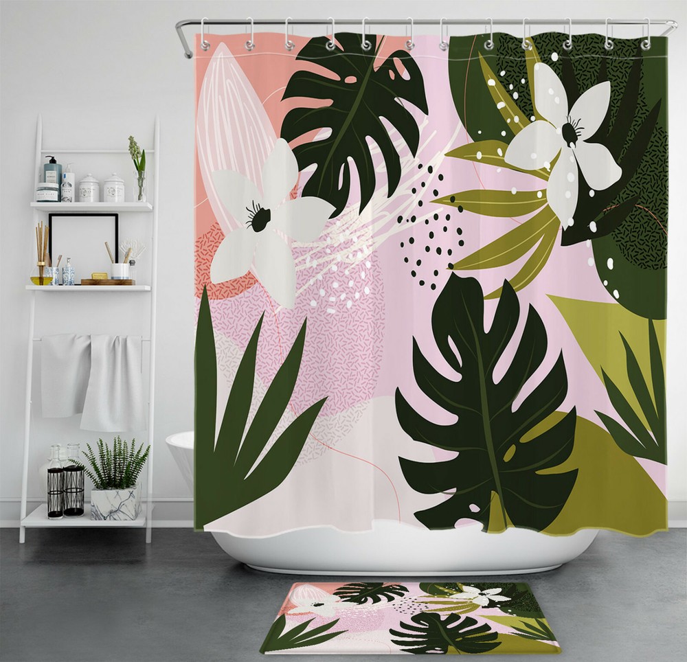 Abstract Tropical Green Palm Leaves Shower Curtain White Flowers Bathroom Decor-image