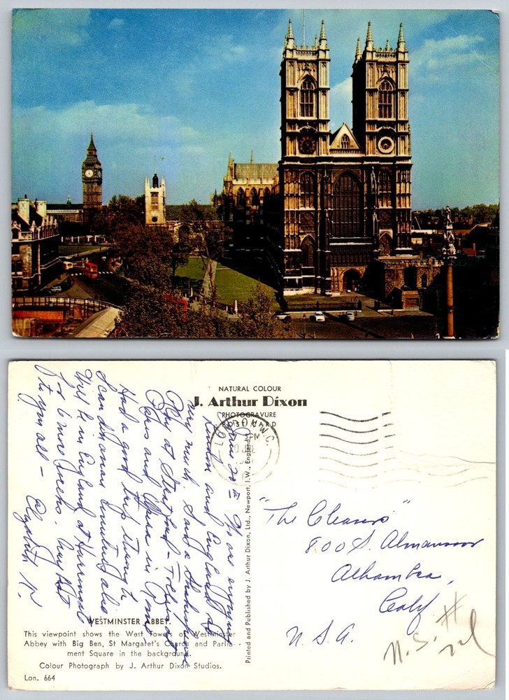 Westminster Abbey Big Ben London England J. Arthur Dixon Postcard 1960s