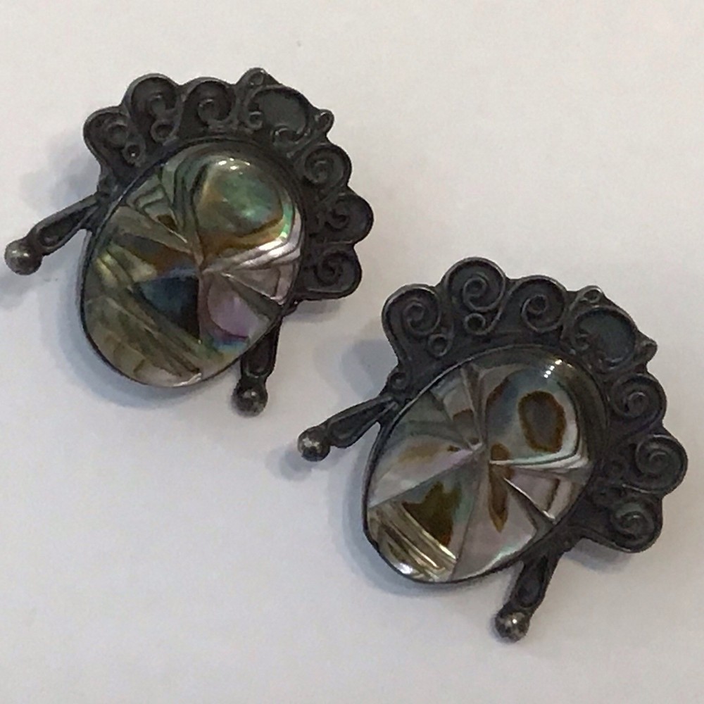Vintage Aztec Mask Face Sterling Silver Mexico Earrings