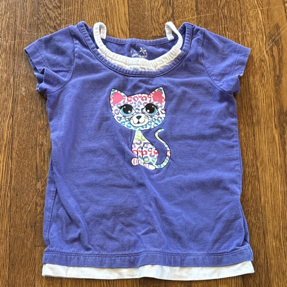 Okie Dokie Girls Cat Purple White Short Sleeve Crew Neck T-Shirt Cotton Size 6
