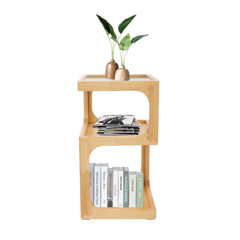 3-Tiers Solid Wood Nightstand, End Table for Small Spaces with Open Storage