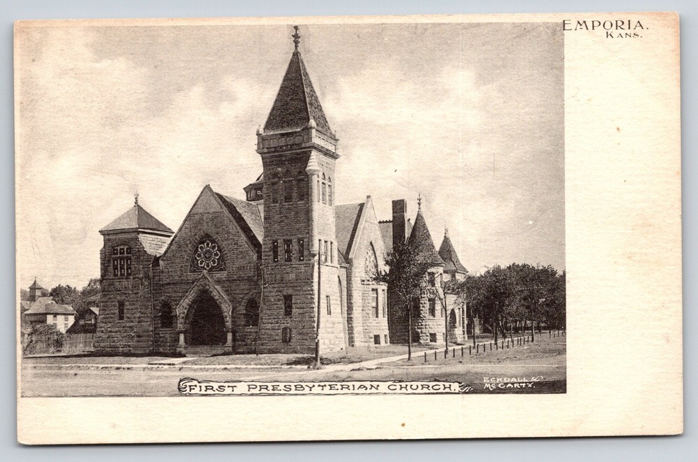 Emporia Kansas~1st Presbyterian Church St View~Rose Window~Tower~Gothic~c1905 PC