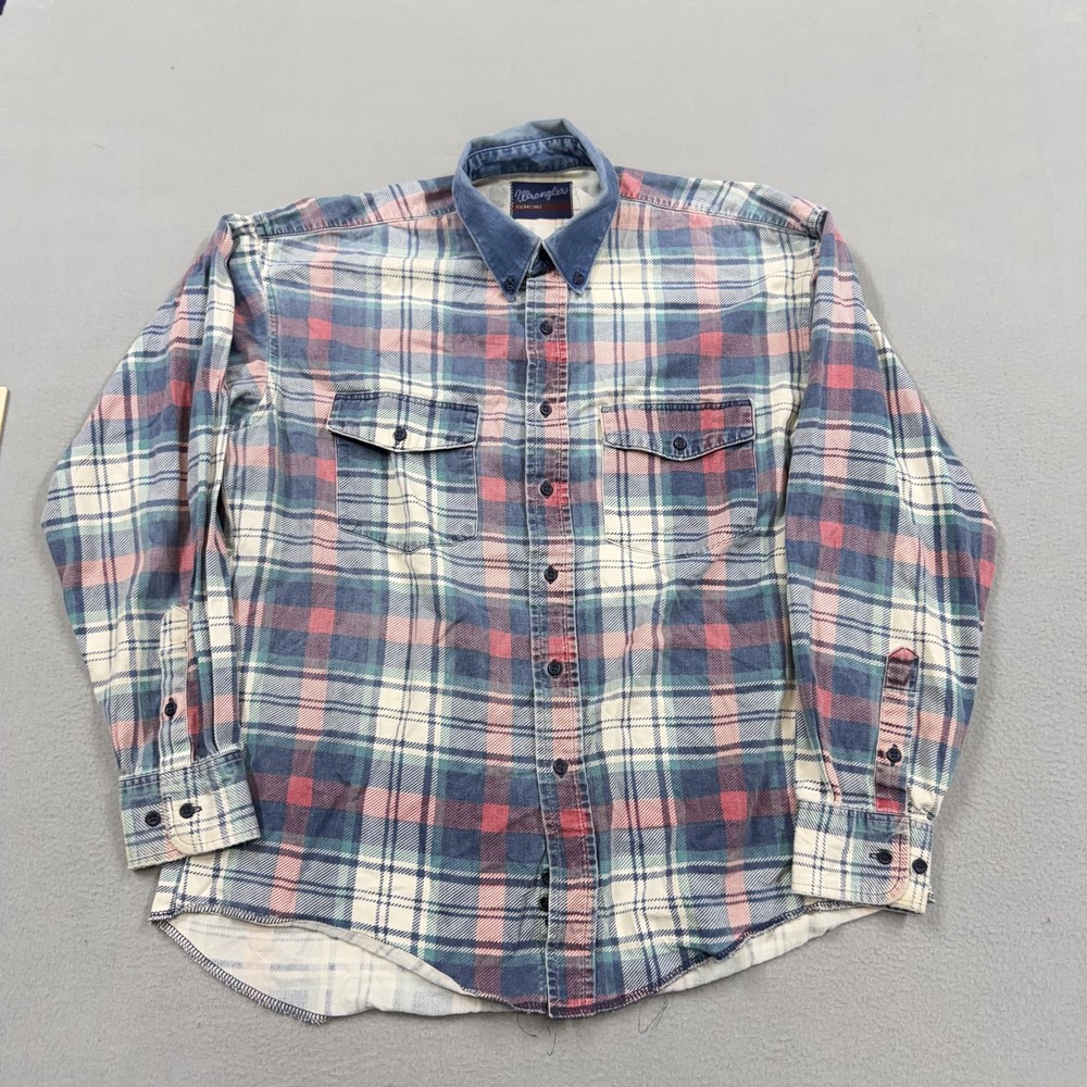 Vintage Wrangler Shirt Mens Large Multicolor Plaid Flannel Long Sleeve Button