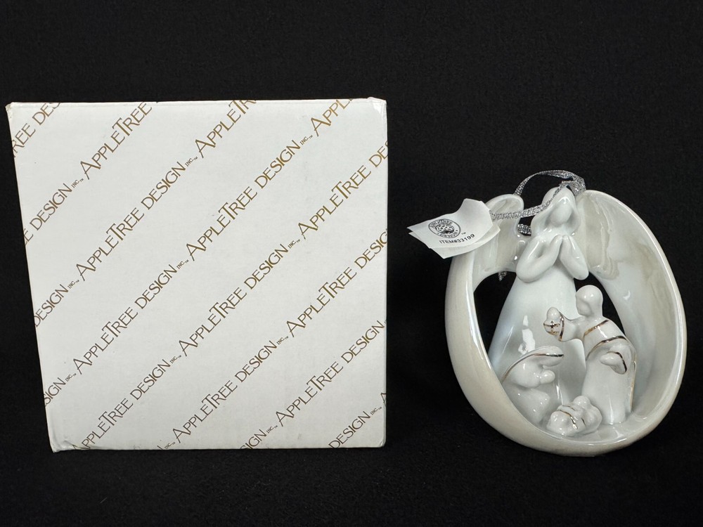 Angel Nativity Christmas Ornament White Porcelain Gold Accent Apple Tree Design-image