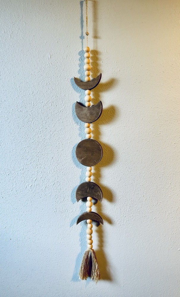 Wooden Moon Phase Wall Hanging Celestial Boho Garland Wood Bead Tassel Decor
