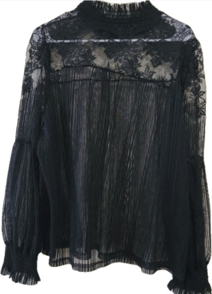 SHEIN Black Lace Floral Pleated Sheer High Neck Blouse 3XL Plus Balloon Sleeve