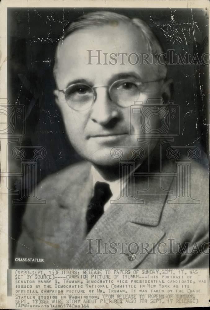 1944 Press Photo Senator Harry S. Truman, Democratic Vice Presidential Candidate