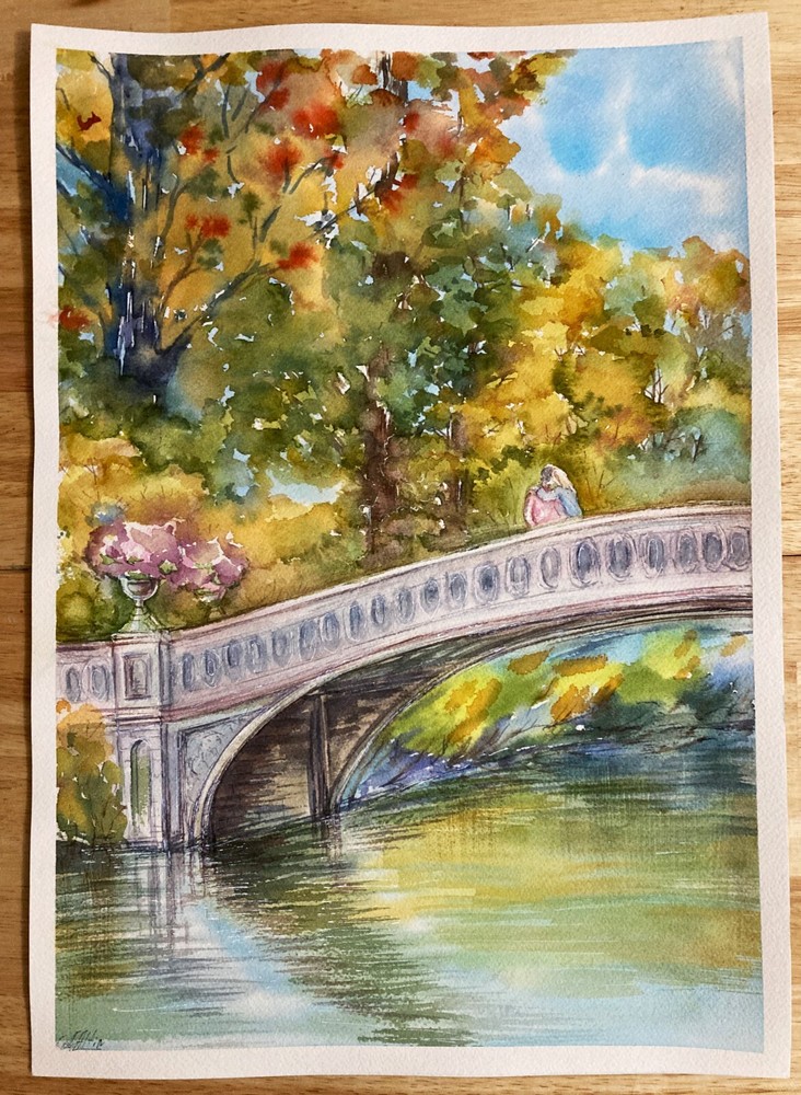 Central Park Bridge Love Fall Watercolor Original Painting